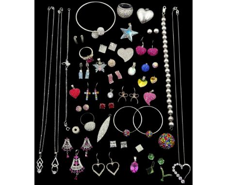 Collection of silver and silver stone set jewellery including necklaces, earrings, pendants, rings and a bangle, all stamped 