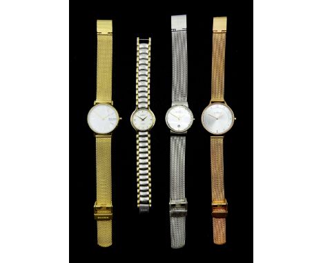 Rado Florence ladies stainless steel bracelet wristwatch, Ref. 322.3747.4, Serial No. 06521255 and three Skagen wristwatches 