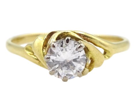 Gold single stone round brilliant cut diamond ring, with openwork crossover shoulders, stamped 18ct, diamond approx 0.55 cara