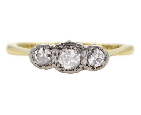 Gold illusion set three stone diamond ring, stamped 18ct PlatCondition Report:Approx 2.45gm, size N-O, head length = 11mm, sh