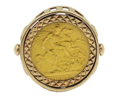 Queen Victoria 1897 gold half sovereign, loose mounted in 9ct gold ring, hallmarkedCondition Report:Approx 8.5gm, size R