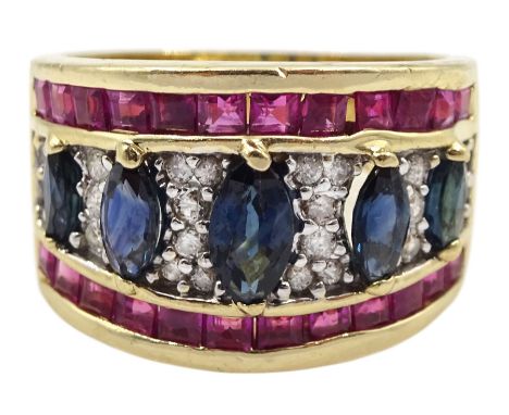 Gold sapphire, ruby and diamond ring, graduating five stone marquise cut sapphires, with pave set diamond accents set between