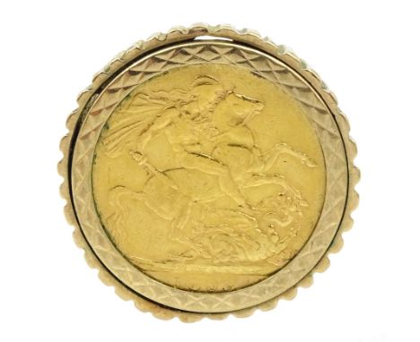 Queen Victoria 1893 gold full sovereign, loose mounted in 9ct gold ring, hallmarked Condition Report:Approx 15.4gm, size N, h