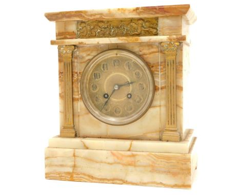 A late Victorian cream marble mantel clock, of architectural design with brass mounts, 11cm diameter Arabic dial with an eigh
