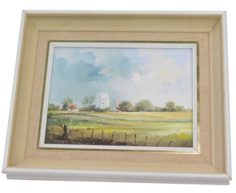 Hagop K Kasparian (20thC). Field before windmill, oil on canvas, signed, label verso, 15cm x 19cm. 