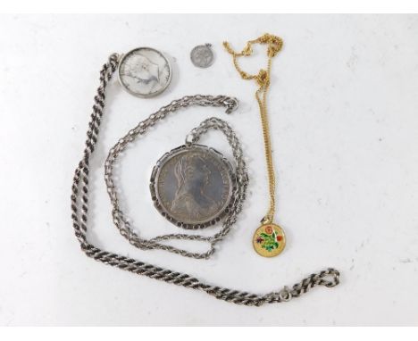 Various coins, Maria Theresa Thaler 1780 in silver mount and chain, various other mounted part enamel coins, some attached to