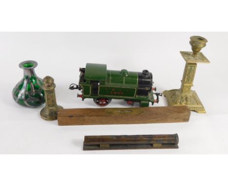 A tinplate O gauge LNER 2900 locomotive, 8cm high, two spirit levels, brass candlestick, filigree green glass and silvered bo