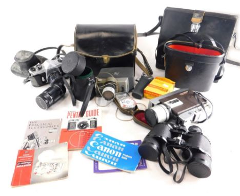 Various cameras, binoculars and related equipment, to include Canon, various slides, part projector, Asahi Pentax Sportmatic 