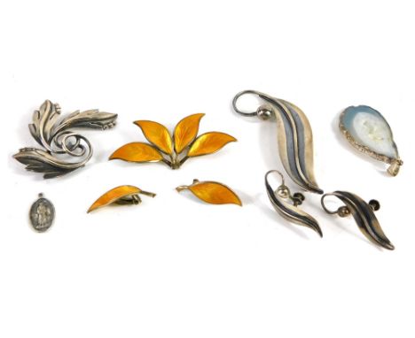 A D & A Norwegian floral brooch and earring set, in orange enamel and silver gilt, marked 925 sterling the brooch 6cm wide, a