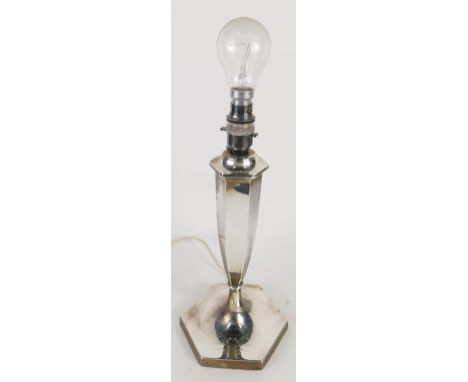 A George V silver candlestick or table lamp, by Sharman D Neill, of octagonal form, with later fittings and blue shade, Sheff