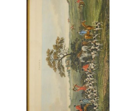 After Sutherland. Hunting prints, Ackerman series Fox Hunting print, 23cm x 68cm and two others. (3)