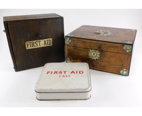 A Victorian rosewood and mother of pearl inlaid work box, (AF), and two first aid boxes. (3)