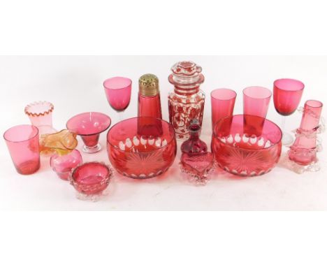 A collection of Victorian and later cranberry tinted and other glass, to include two finger bowls, beakers, vases, ruby tinte