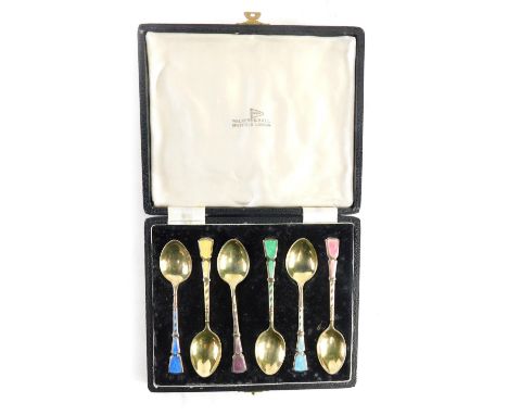 A set of six Elizabeth II silver gilt and enamel teaspoons, by Walker &amp; Hall, in differing colours, 9.5cm long, Birmingha