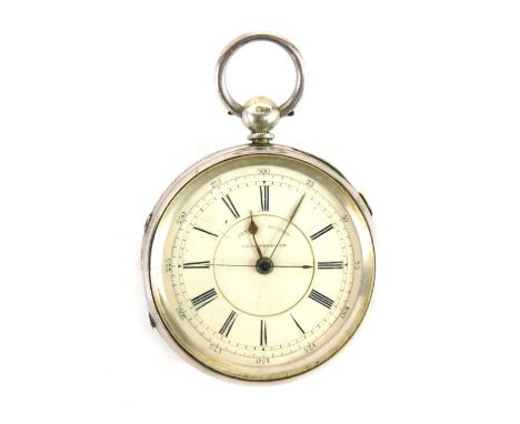 A Victorian silver open faced pocket watch, the 5cm diameter Roman numeric and Arabic dial marked Centre Seconds Chronograph,