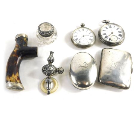 Various scrap and other silver, hallmarked open faced pocket watch, child's mother of pearl teething ring, horn walking stick