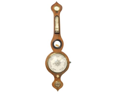 A 19thC mahogany wheel barometer, with ceramic and silvered dials, 98cm high.