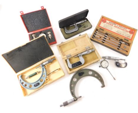 Various scientific instruments, a micrometer, Moore and Wright micrometer, cased, 24cm long, various other scientific instrum