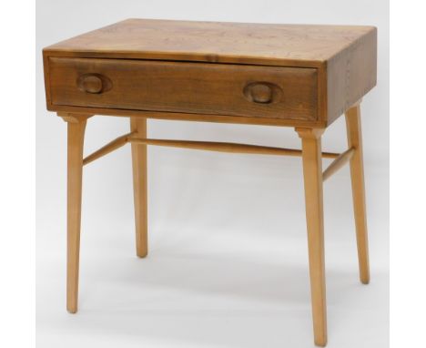 An Ercol elm small side table, with single drawer, with carved handles on square tapering legs, 68cm high, 68cm wide, 48cm de