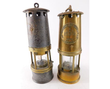 A mid 20thC brass Eccles M&amp;Q type 6 miner's lamp, of cylindrical form with glass section and shaped handle, 24cm high, an