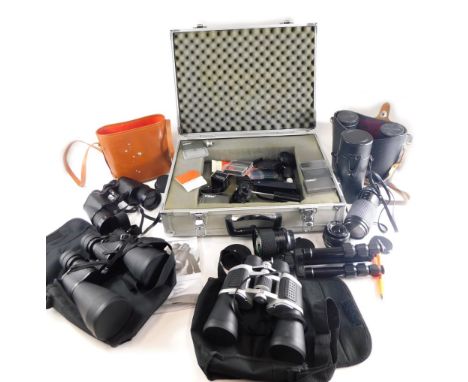 Various cameras, binoculars and related equipment, rectangular camera travel case containing a quantity of various lenses, va
