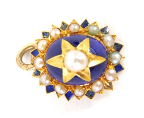 An enamel and pearl pendant, of star form, unmarked yellow metal ground, 2cm high. 