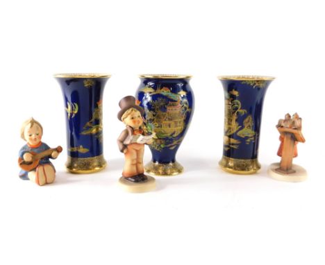 Various pottery and effects, three Goebel Hummel figures, a pair of Carltonware Bleu Royale vases, 17cm high, and a similar d