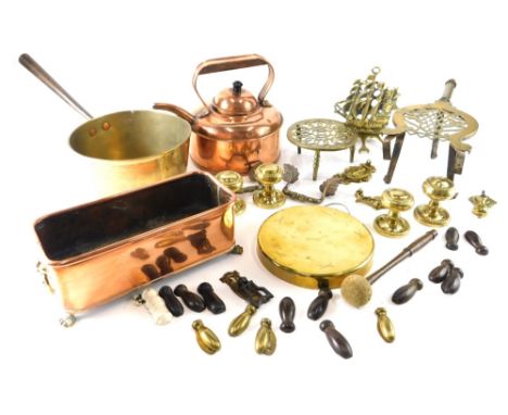 Various brassware and copperware, an early 20thC lyre shaped trivet, 31cm wide, copper planter, kettle, brass jam pan with ir