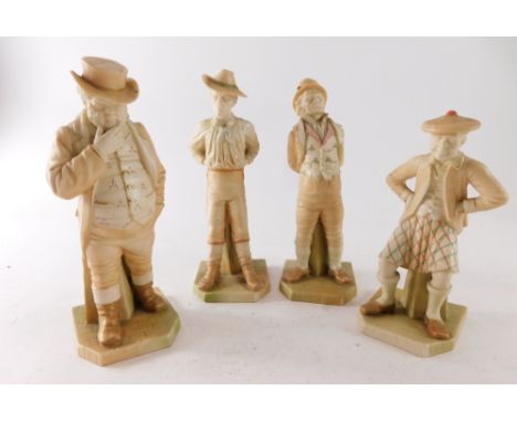 Four early 20thC Royal Worcester blush ivory figures, the first gentleman in hat, 18cm high, another figure in a kilt, anothe