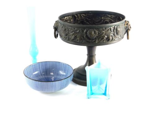 A blue vaseline glass triangular shaped vase, 10cm high, a fine Chinese porcelain bowl, with marks beneath, further vaseline 