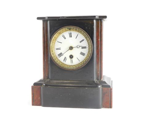 A late 19thC French black slate and red marble mantel timepiece, with white enamel dial, 23cm high.