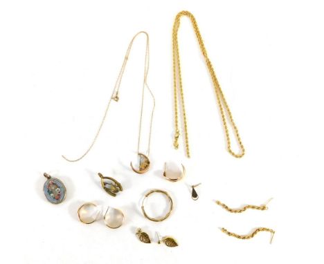 A rope twist necklace, unmarked, 58cm long, further part roped twist chin, slender link chain, various earrings, Mizpah part 