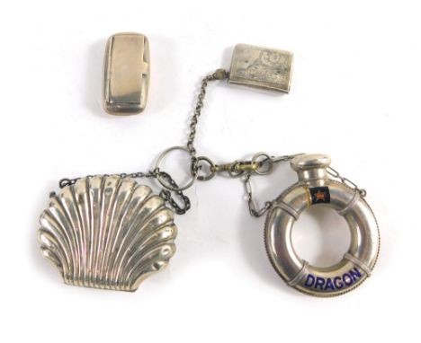 A silver plated chatelaine, envelope stamp box, dragon top ring shaped miniature decanter and coin purse, and a further snuff