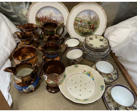 A Noritake part tea set together with copper lustre jugs, Spode hunting plates etc