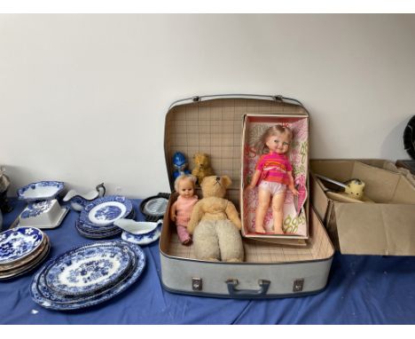 An Ideal Giggles doll, together with teddy bears, a heat lamp and blue and white pottery etc