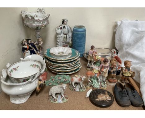 A collection of Staffordshire figures, together with a pair of Hummel figures, childrens shoes, Davenport part dessert set, c