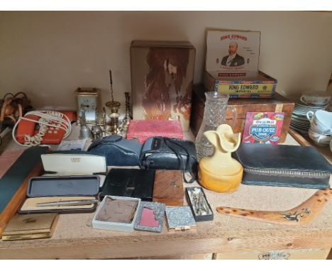 King Edward cigars together with a writing slope, ER music box, boomerang, compacts, Parker pen, telephone, carriage clock, e