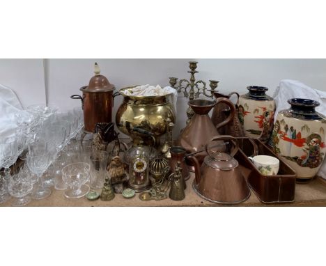 A pair of Japanese satsuma pottery vases together with a brass candelabra, copper jug, copper kettle, brass wares, wine glass