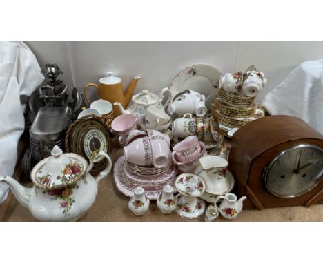 A Royal Albert Old Country Roses pattern part tea set together with other part tea sets, mantle clock, barometer, wine tracto