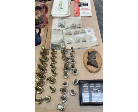 A cast metal chess set together with shipping prints etc