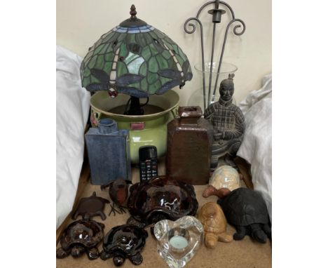 A Tiffany style table lamp together with pottery tortoises, glass vase, jardiniere etc