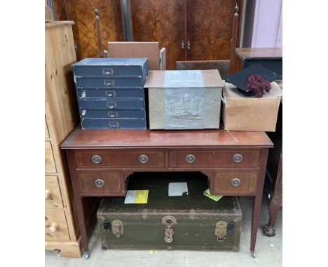 An Edwardian mahogany dressing table together with a cabin trunk, filing unit with sewing accoutrements, a coal box and hats.