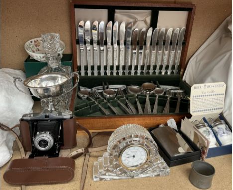 A Viners stainless steel cased part flatware service together with a Waterford crystal desk clock, electroplated twin handled