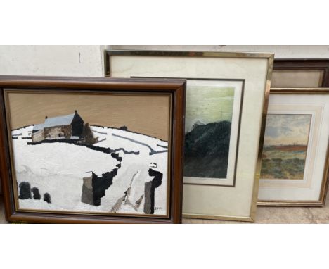 In the style of Donald McIntyreA snowy farmstead sceneOil on canvasTogether with a print of the "Pigeon Tower" maps, watercol