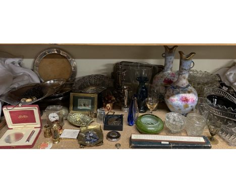 A pair of George Jones floral decorated vases together with glass wares, electroplated wares, slide rule, Stratton compact, c
