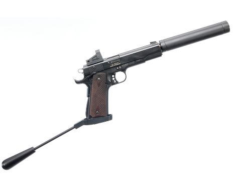 GSG  A 1911.22 LBP Ser No 738611  Blackened frame, wood effect grips. Post foresight, SMS red dot rearsight, bright hammer. I