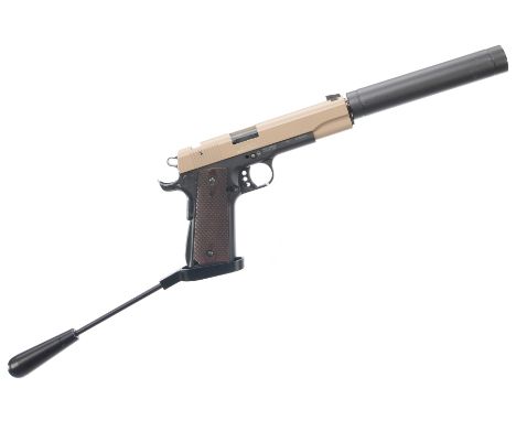 GSG  A 1911 STANDARD .22 LR SEMI-AUTO Ser No. A755556  Blackened frame, khaki slide, wood effect grips. Post foresight, notch
