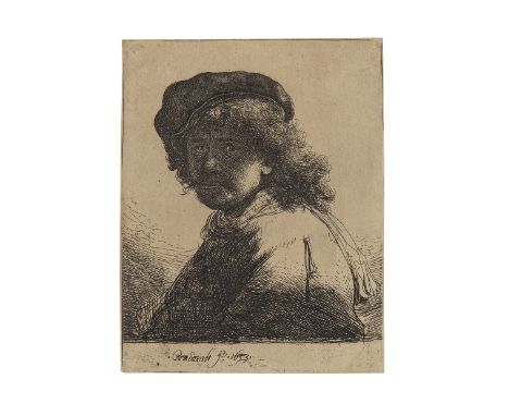 Rembrandt Harmensz. van Rijn (Dutch, 1606-1669)Self-Portrait in a Cap and Scarf with the Face dark: Bust  (Bartsch 17;  New H