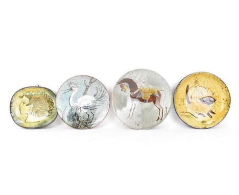 Four mid 20th century Chelsea pottery dishes, designed by Joyce Morgan depicting a horse, crane, cat and lady, all with incis