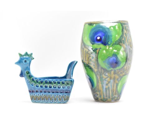 Janice Tchalenko (B.1942) for Dartington Pottery, a Peacock design vase, circa 1980s, glazed in shades of green, blue and bro